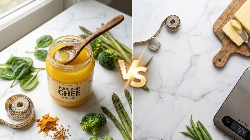 Ghee vs butter for weight loss comparison — golden desi ghee jar and yellow butter block side by side on white marble