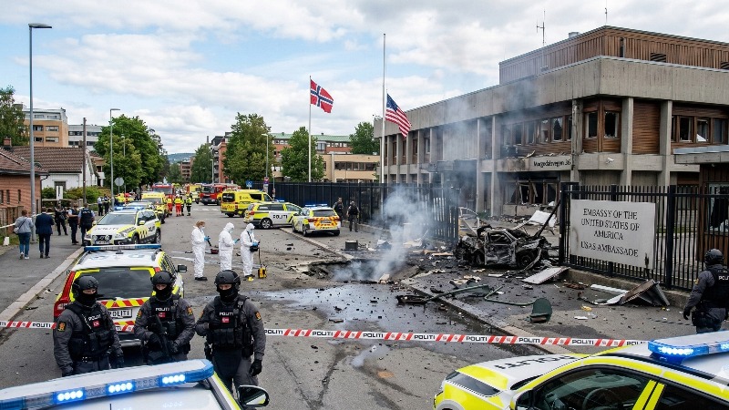 Aftermath of a bomb blast outside the US Embassy in Norway, showing a smoking crater, destroyed car, and armed police investigating potential terrorism.