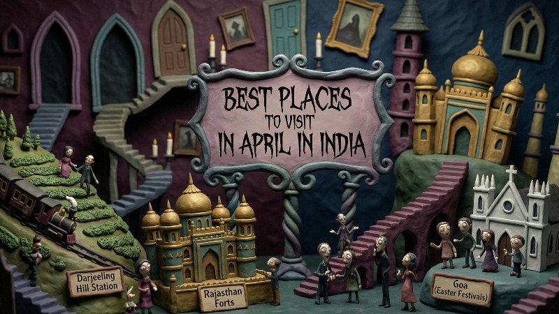 Best places to visit in April in India featuring Darjeeling hill station, Rajasthan forts, and Goa festivals