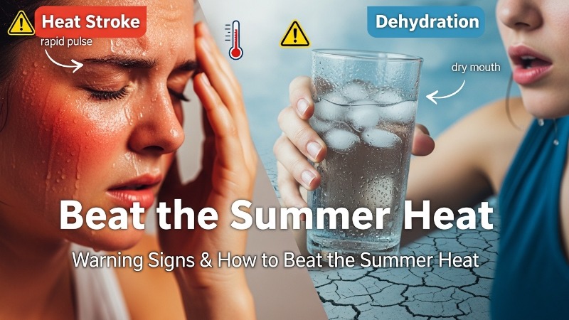 Heat stroke and dehydration warning signs with sweating person and hydration during extreme summer heat